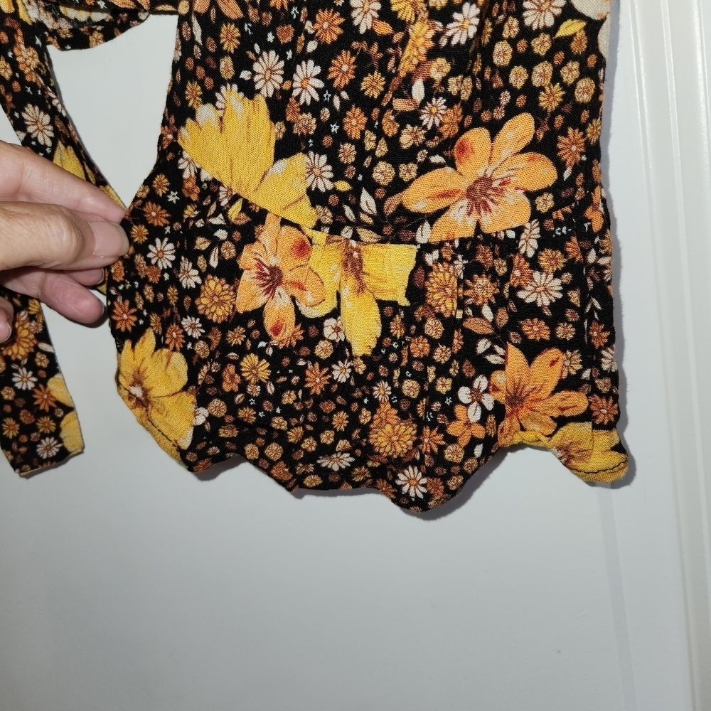NWT Miami Yellow Brown & Black Floral Blouse Front Tie Size S Bell Long Sleeves - Picture 3 of 10